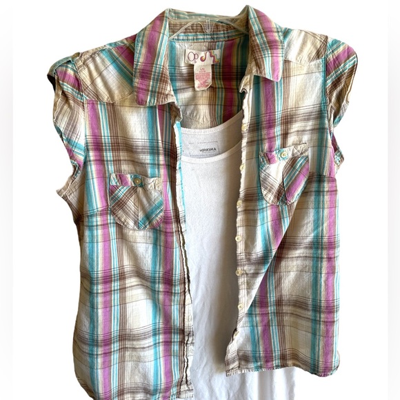 Op sleeveless button up shirt plaid design size Large 11/13 - Picture 2 of 11